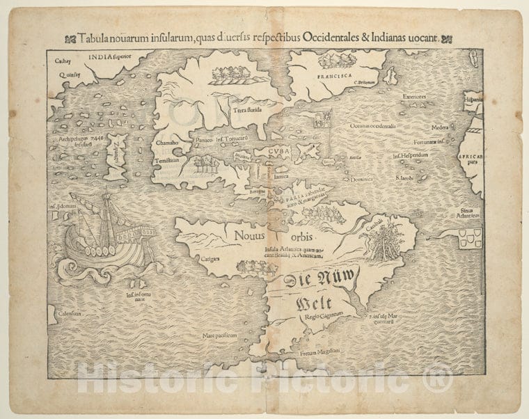 Historic 1540 Map - Tabula Nouarum Insularum, Quas Diuersis Respectibus Occidentales & Indianas Vocant. - Americaamerican Historical Prints. - Vintage Wall Art