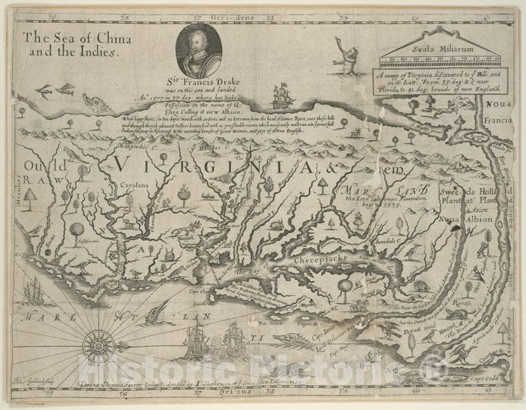 Historic 1651 Map - A Mapp Of Virginia Discouered To Ye Hills. - Virginiaamerican Historical Prints. - Vintage Wall Art