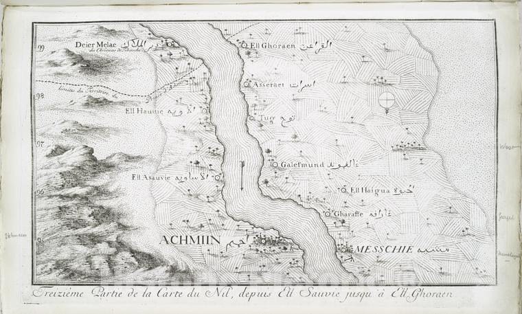 Historic Map - 1780 Egypt, Nubia And Thebes, Nile River, Treizieme Partie De La Carte Du Nil, Depuis Ell Sauvie, Jusqu'A Ell Ghoraen. - Vintage Wall Art