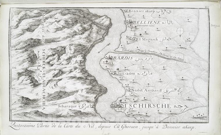 Historic Map - 1780 Egypt, Nubia And Thebes, Nile River, Quatorzieme Artie De La Carte Du Nil, Depuis Ell Ghoraen, Jusqu'A Bennier Akaep. - Vintage Wall Art