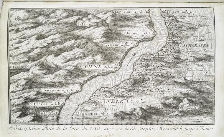 Historic Map - 1780 Egypt, Nubia And Thebes, Nile River, Dixseptieme Partie De La Carte Du Nil, Avec Ses Bords, Depuis Meraschdeh, Jusqu'A Tiuraet. - Vintage Wall Art