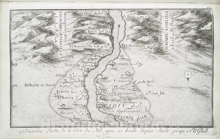 Historic Map - 1780 Egypt, Nubia And Thebes, Nile River, Vingtdeuxieme Partie De La Carte Du Nil, Avec Ses Bords, Depuis Saide, Jusqu'A Ell Gliid. - Vintage Wall Art