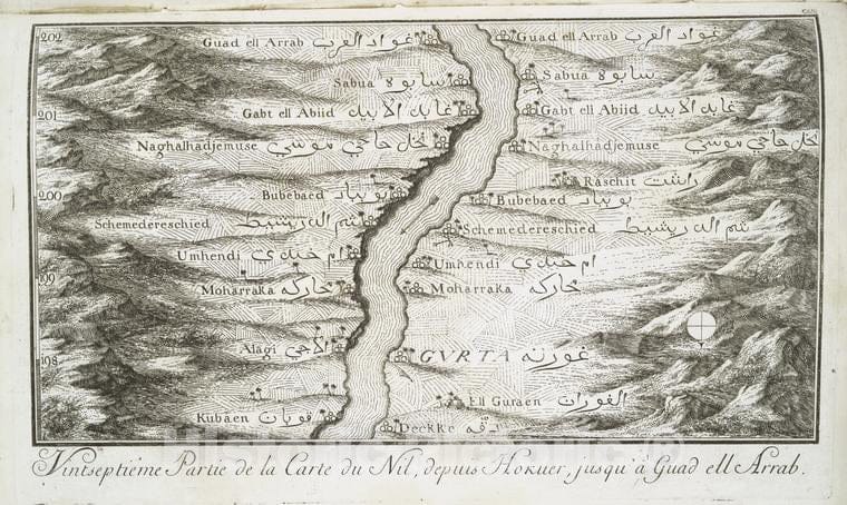 Historic Map - 1780 Egypt, Nubia And Thebes, Nile River, Vin[G] Tseptieme Partie De La Carte Du Nil, Depuis Hokuer, Jusqu'A Guad Ell Arrab. - Vintage Wall Art