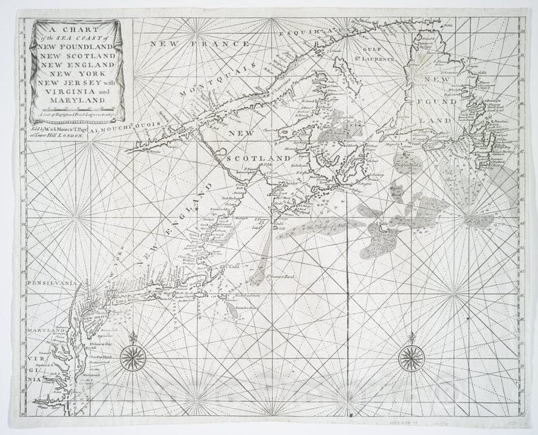 Historic 1748-1770? Map - A Chart Of The Sea Coast Of New Foundland, New Scotland, New Eng - Vintage Wall Art