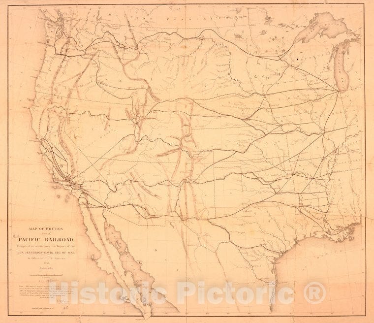 Historic Map - 1857 North America. Routes For A Pacific Rail - Vintage Wall Art