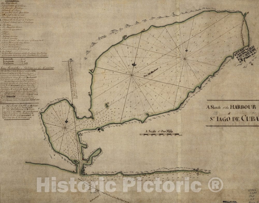 Historical Map, 1765 A Sketch of The Harbour of St. Iago de Cuba, Vintage Wall Art