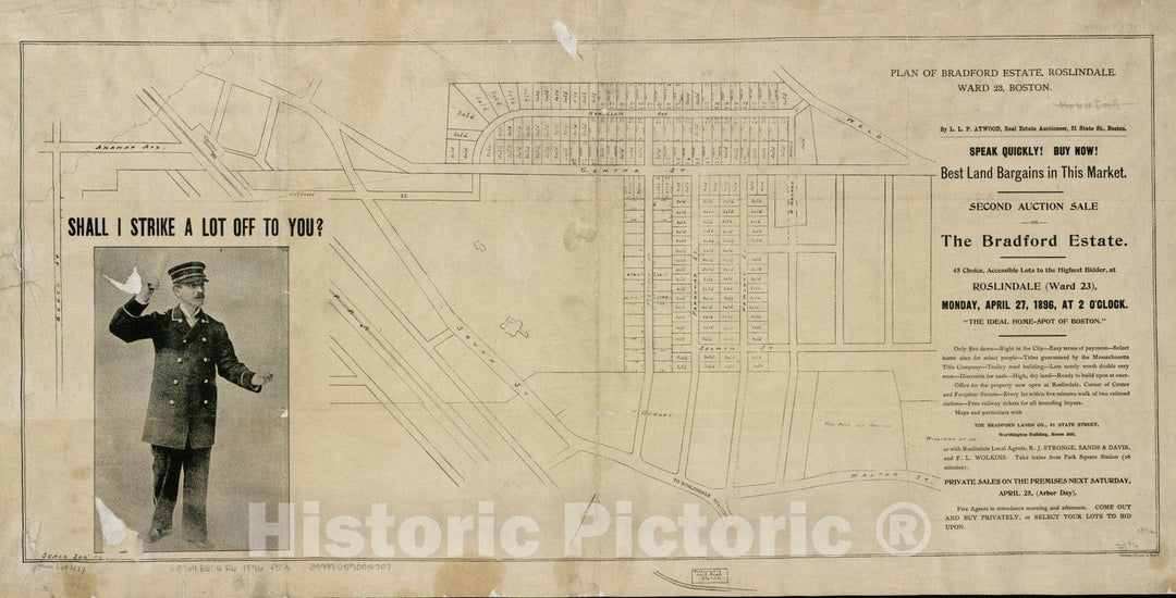 Historical Map, 1896 Plan of Bradford Estate, Roslindale, Ward 23, Boston, Vintage Wall Art