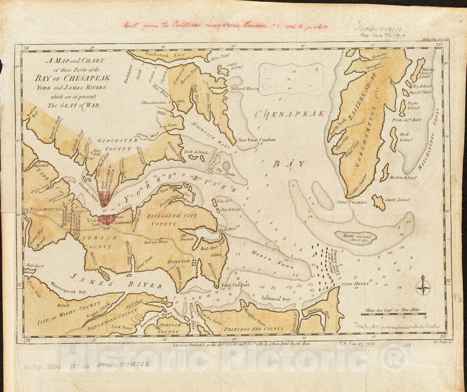 Historical Map, 1781 A map and Chart of Those Parts of The Bay of Chesapeak, York and James Rivers which are at Present The seat of war, Vintage Wall Art