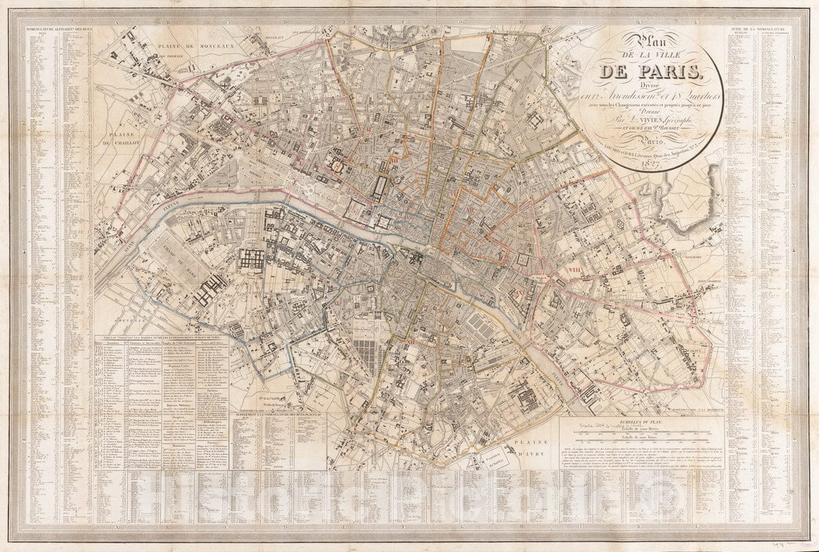 Historical Map, 1827 Plan de la Ville de Paris, diviseI en 12 arrondissemts. et 48 quartiers avec Tous les changemens exeIcuteIs et projeteIs jusqu'a ce Jour, Vintage Wall Art