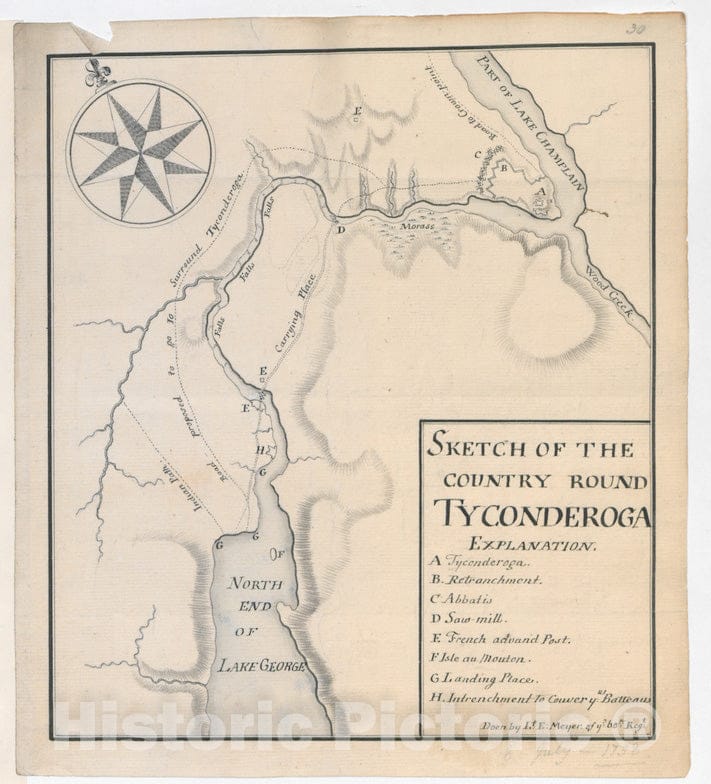 Historical Map, 1758 Sketch of The Country Round TYCONDEROGA, Vintage Wall Art