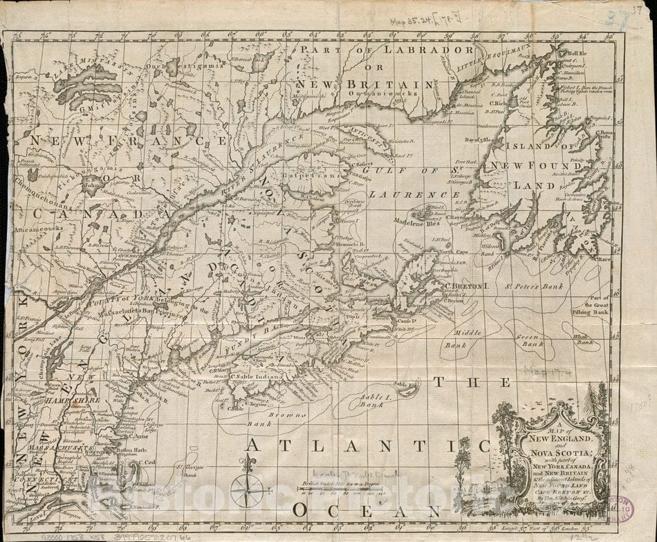 Historical Map, 1758 A map of New England, and Nova Scotia : with pof New York, Canada, and New Britain & the adjacent islands of New Found Land, Cape Breton et cetera, Vintage Wall Art