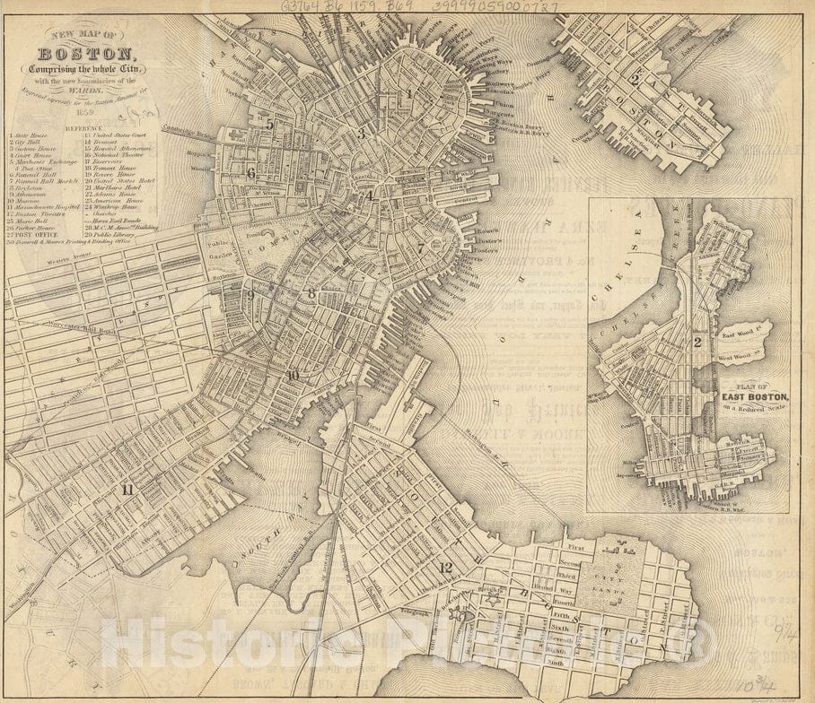 Historical Map, 1859 New map of Boston, comprising The Whole City, with The New Boundaries of The wards, Vintage Wall Art