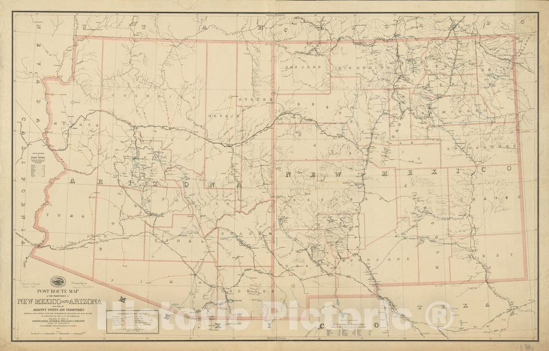 Historical Map, 1884 Post route map of the territories of New Mexico and Arizona with parts of adjacent states and territories showing post offices, Vintage Wall Art : 5131603