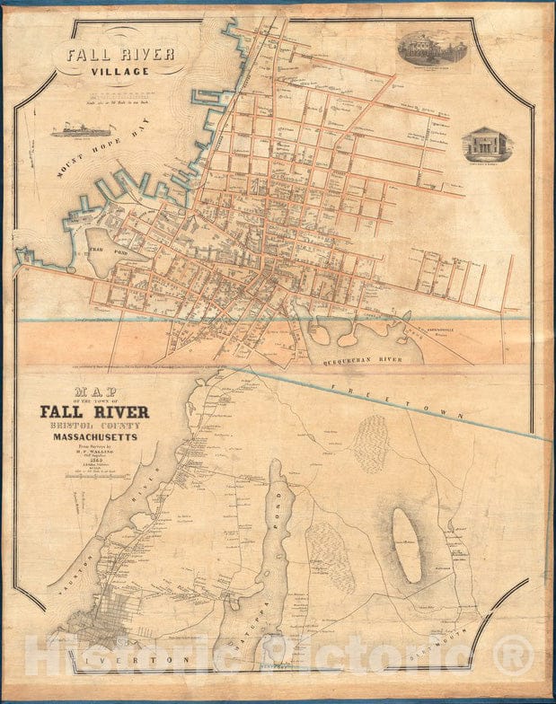 Historical Map, 1850 Fall River Village ; Map of the town of Fall River, Bristol County, Massachusetts, Vintage Wall Art