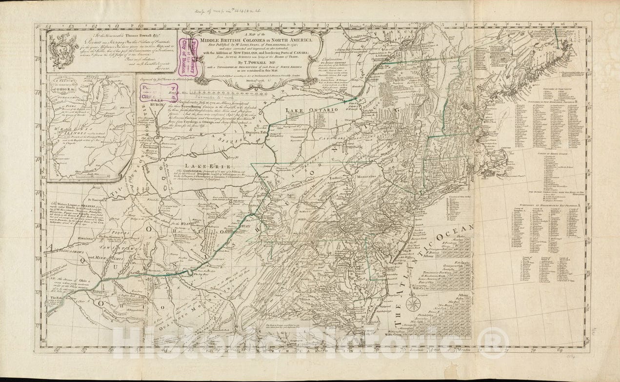 Historical Map, 1776 A map of The Middle British Colonies in North America : First published by Mr. Lewis Evans, of Philadelphia, in 1755, Vintage Wall Art