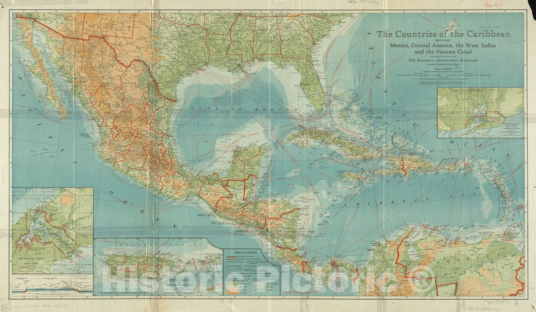 Historical Map, 1922 The Countries of The Caribbean : Including Mexico, Central America, The West Indies and The Panama Canal, Vintage Wall Art