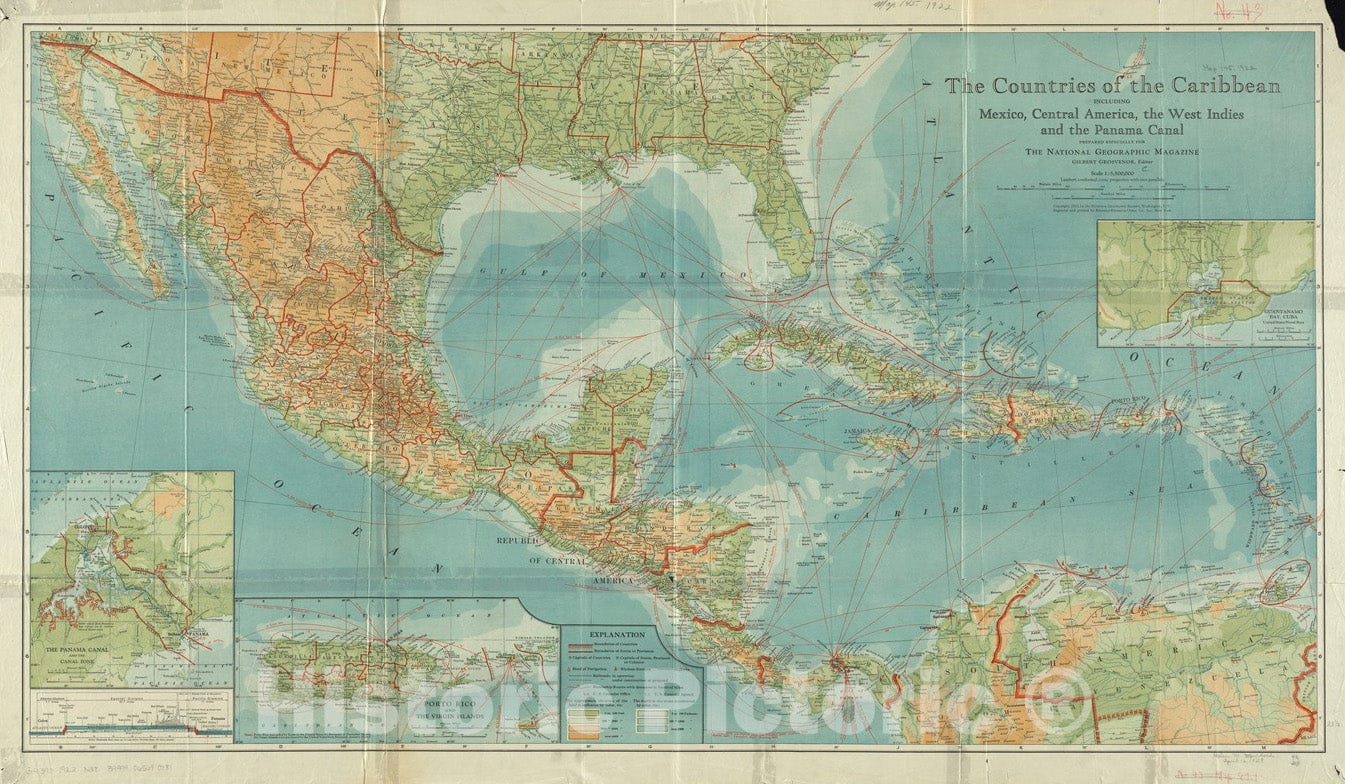 Historical Map, 1922 The Countries of The Caribbean : Including Mexico, Central America, The West Indies and The Panama Canal, Vintage Wall Art