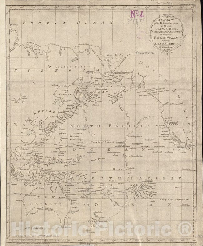 Historical Map, 1780 A Chart of The Discoveries Made by The Late Capt. Cook, Other European Navigators, in The Great Pacific Ocean Between Asia and America, Vintage Wall Art