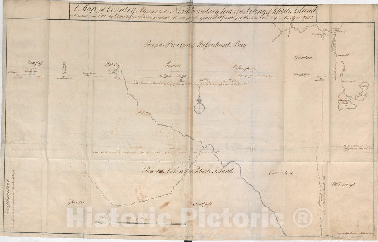 Historical Map, c.1750 A Map of The Country Adjacent to The North Boundary Line of of The Colony of Rhode Island as The Same was Run by Commissioners, Vintage Wall Art