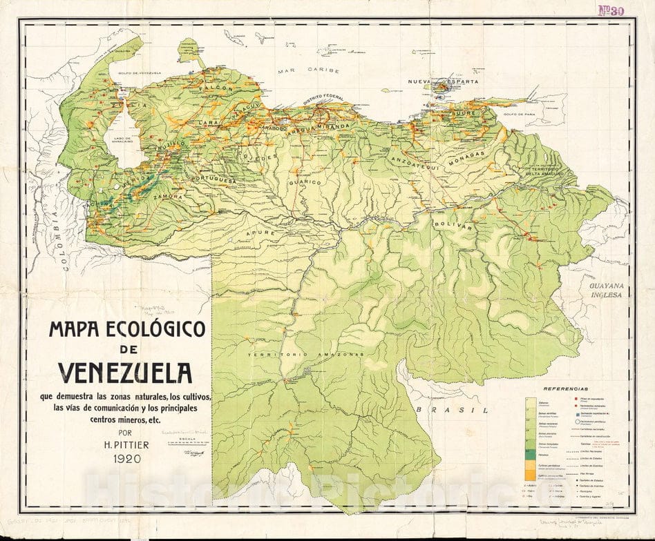 Historical Map, 1920 Mapa ecoloIgico de Venezuela que demuestra las zonas naturales, los cultivos, las viIas de comunicacioIn y los principales centros mineros, etc, Vintage Wall Art