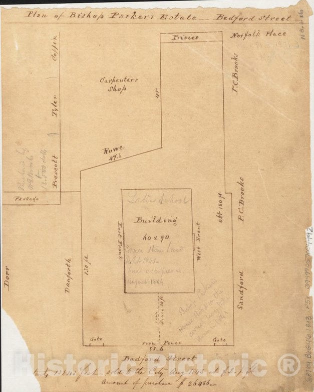 Historical Map, 1843 Plan of Bishop Parker's Estate Bedford Street, Vintage Wall Art