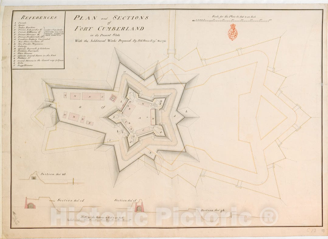 Historical Map, 1761 Plan and Sections of Fort Cumberland in its Present State with The Additional Works Proposed, Vintage Wall Art