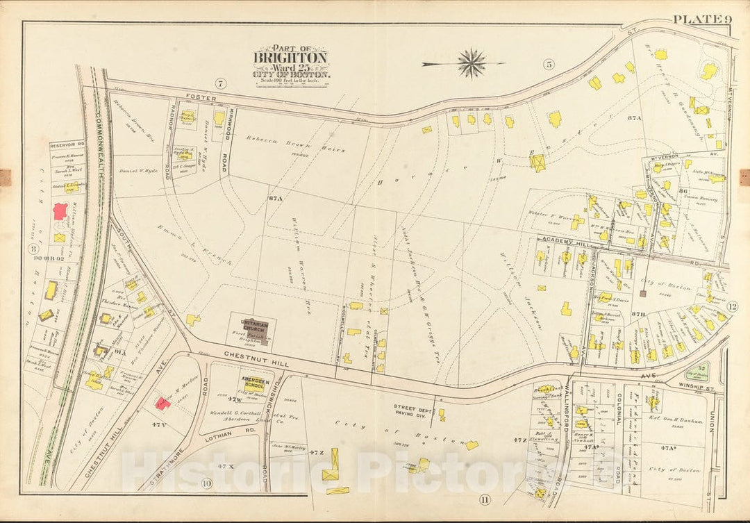 Historical Map, 1909 Atlas of the city of Boston, ward 25, Brighton : plate 9, Vintage Wall Art