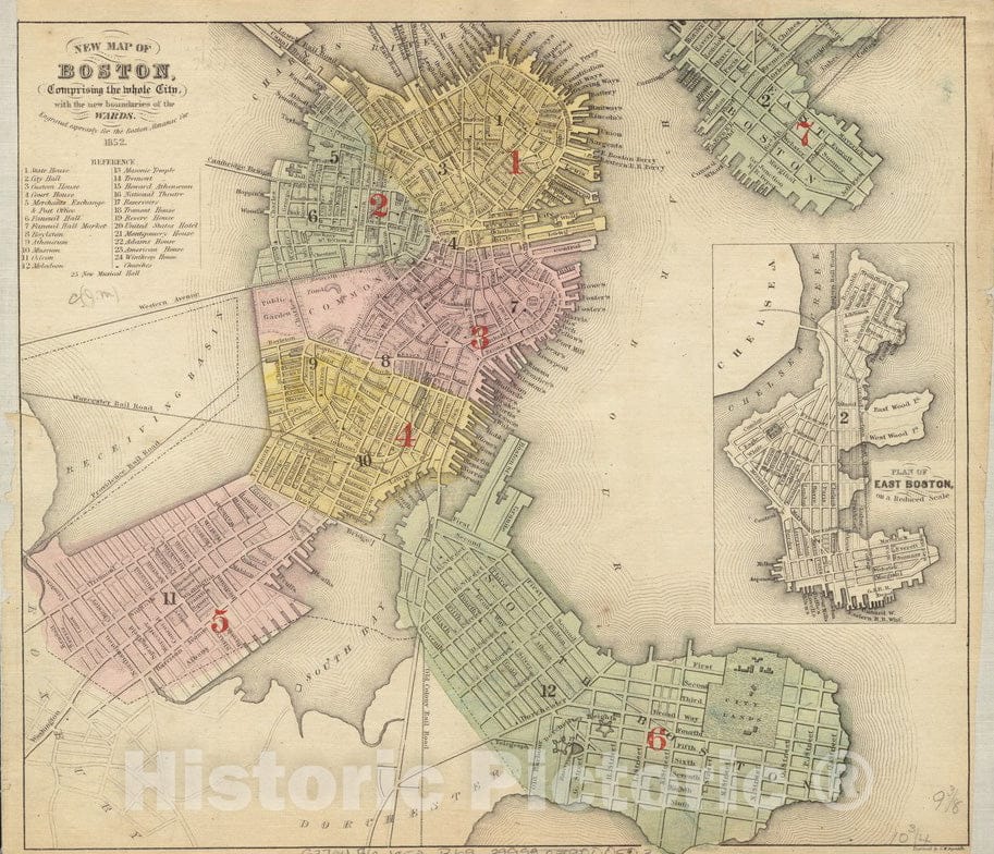 Historical Map, 1852 New map of Boston, comprising The Whole City, with The New boubdaries of The wards, Vintage Wall Art