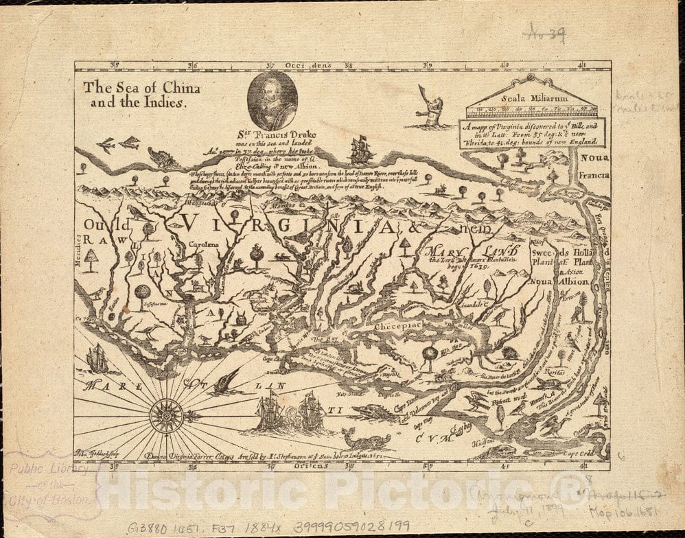 Historical Map, c.1884 A mapp of Virginia discouered to ye Hills, and in its latt: from 35 deg: & 1/2 neer Florida, to 41 deg: Bounds of New England, Vintage Wall Art