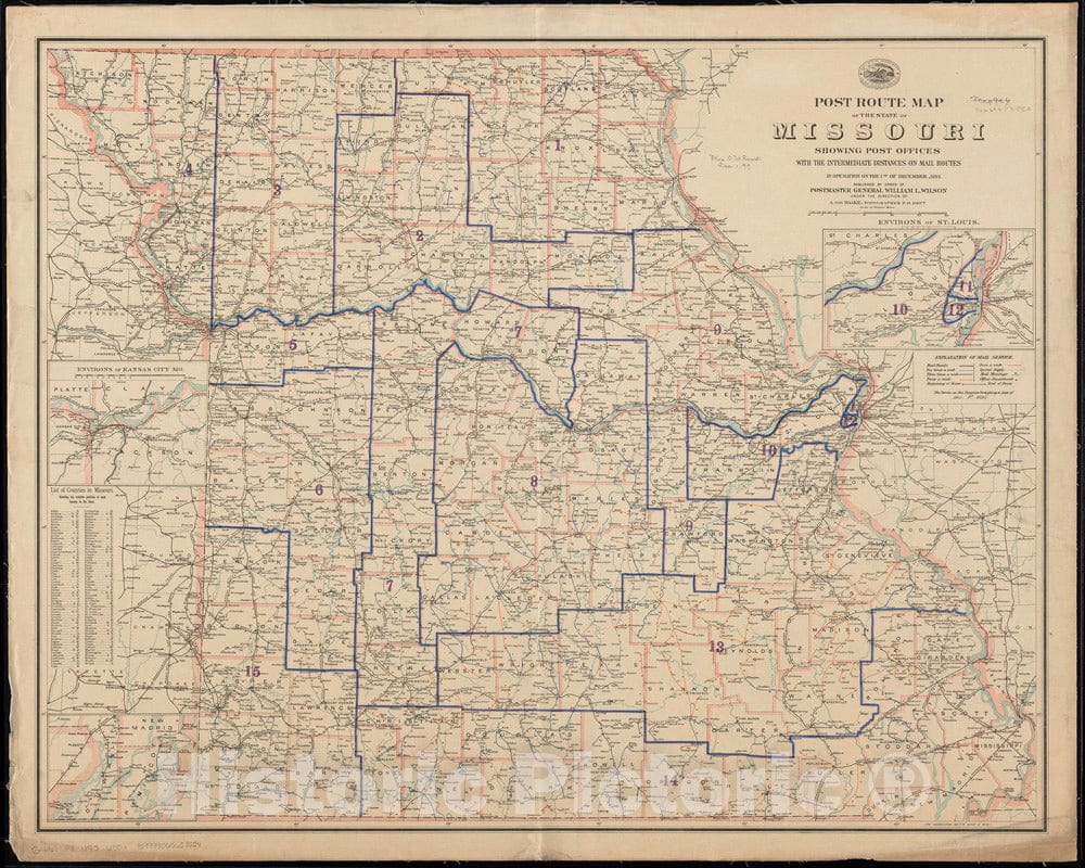 Historical Map, 1895 Post route map of the State of Missouri showing post offices with the intermediate distances on mail routes, 1895, Vintage Wall Art