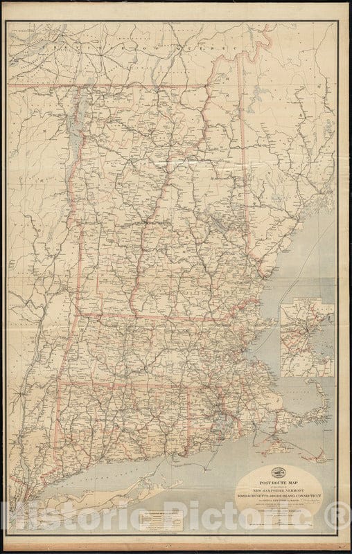 Historical Map, 1891 Post Route map of The States of New Hampshire, Vermont, Massachusetts, Rhode Island, Connecticut and Parts of New York and Maine, Vintage Wall Art