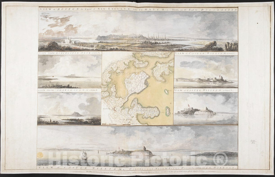 Historical Map, 1773 View of Boston The Capital of New England from Col. HATCH's House on The Road to Dorchester = View from Dorchester Neck = View of Castle WIL, Vintage Wall Art