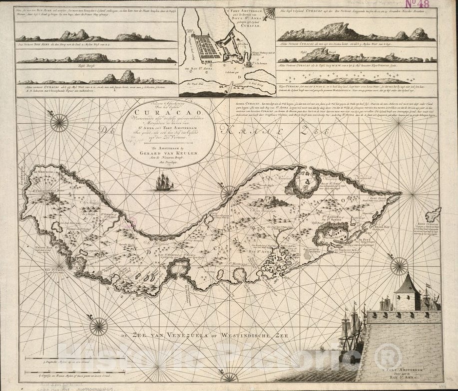 Historical Map, 1728 Nieuwe Afteekening Van het Eyland Curacao vertoonende alle desselfs geleegentheeden mitsgaders de Haven Van St. Anna en't Fort Amsterdam, Vintage Wall Art