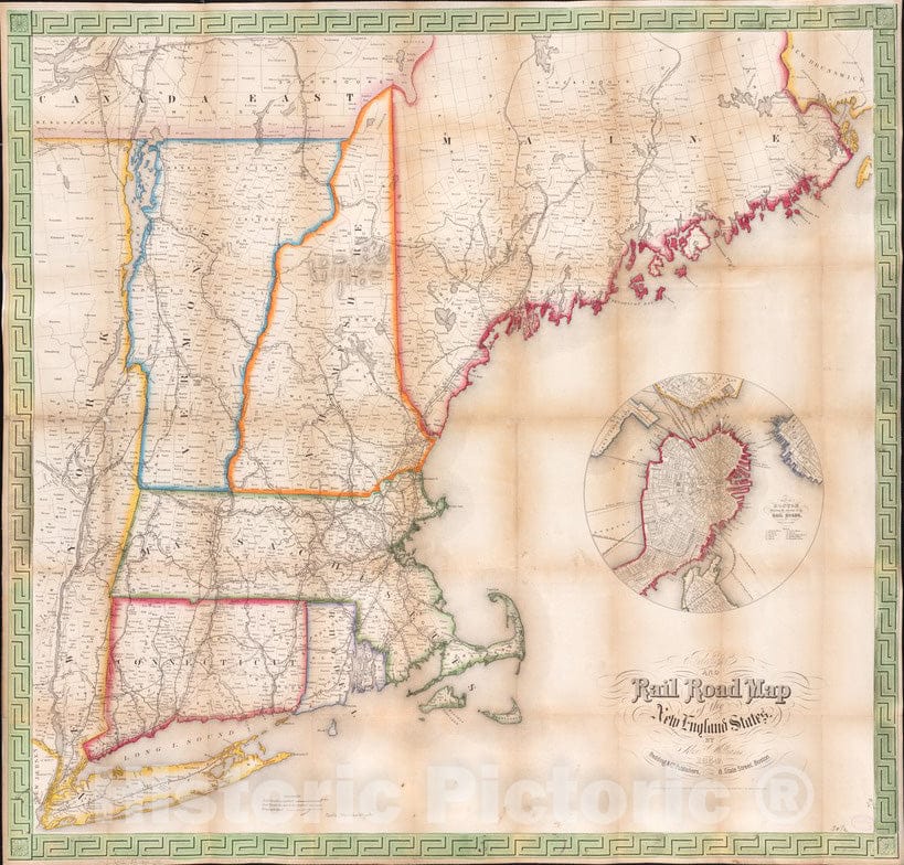 Historical Map, 1854 Telegraph and Rail Road map of The New England States, Vintage Wall Art