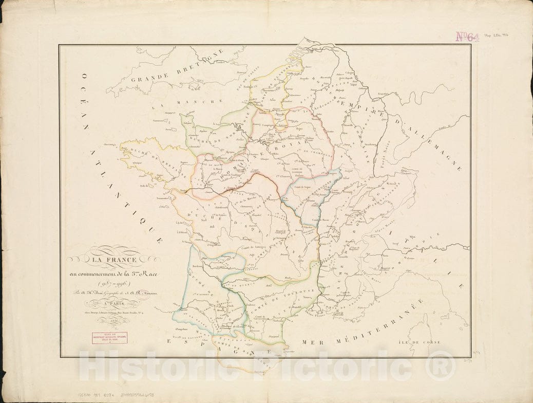 Historical Map, 1820 La France au Commencement de la 3eme. Race (987-996), Vintage Wall Art