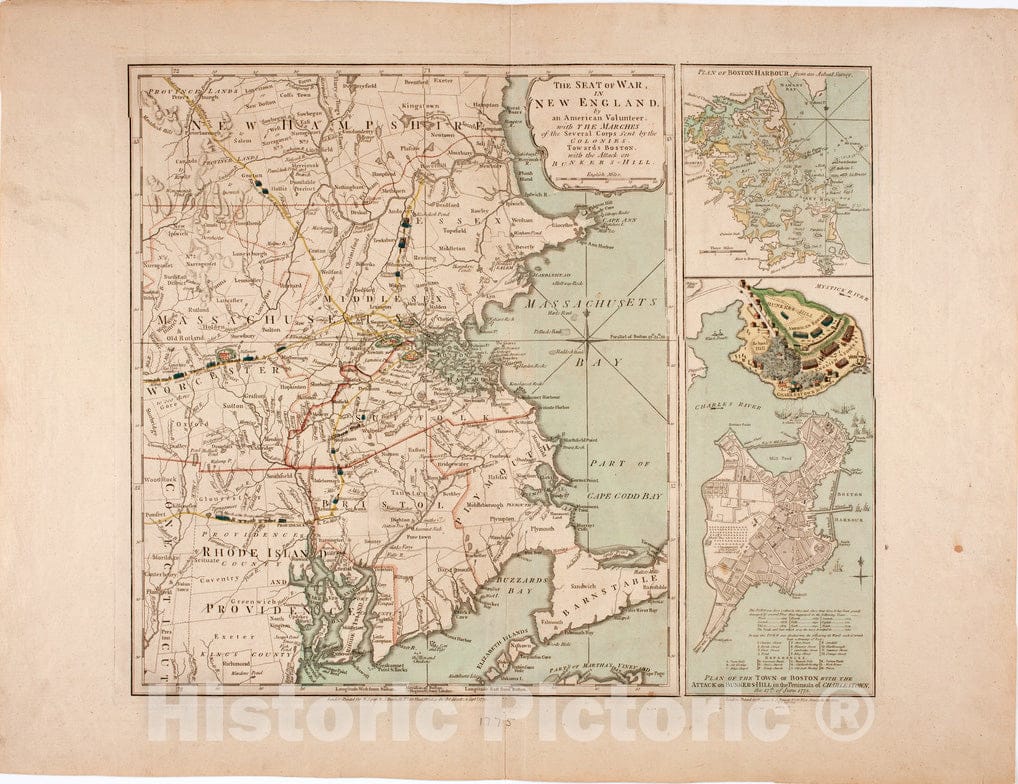 Historical Map, 1775 The Seat of war, in New England, Vintage Wall Art