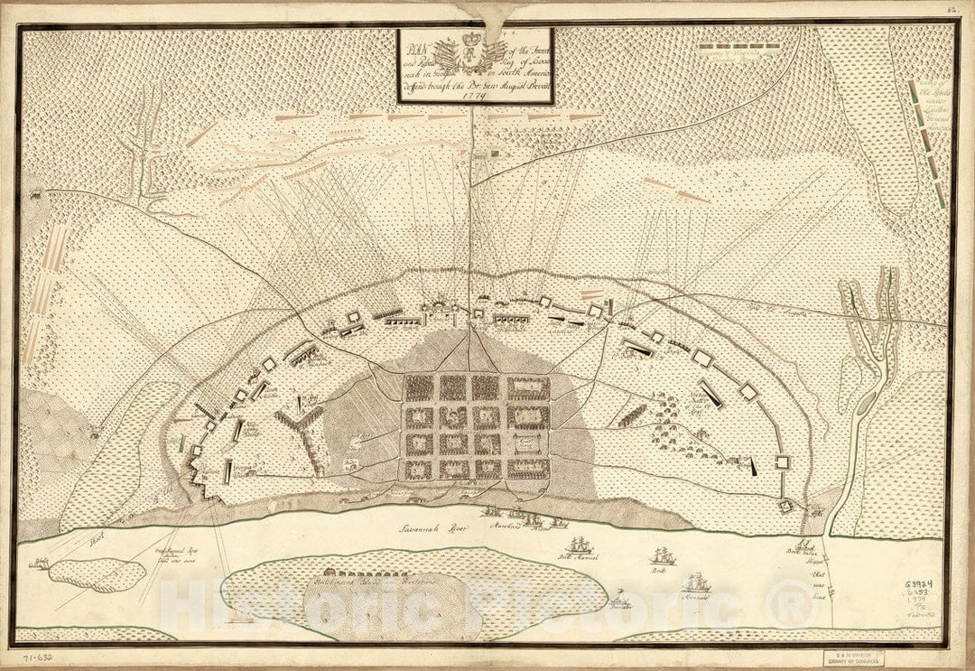 Historical Map, Plan of The French and rebells sieg[e] of Savannah in Georgia, in South America, deffend : t[h] Rough The Br: Gen: August Prevost, 1779, Vintage Wall Art