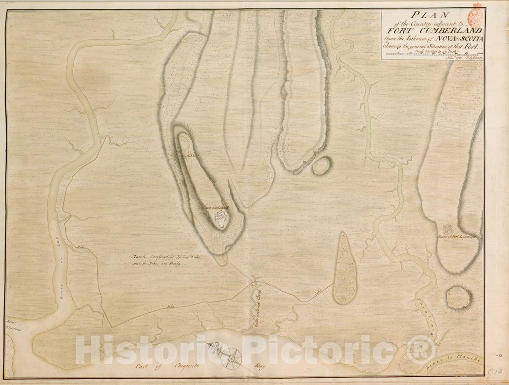 Historical Map, 1761 Plan of The Country Adjacent to Fort Cumberland Upon The Isthmus of NOVA-Scotia Showing The General Situation of That Fort, Vintage Wall Art