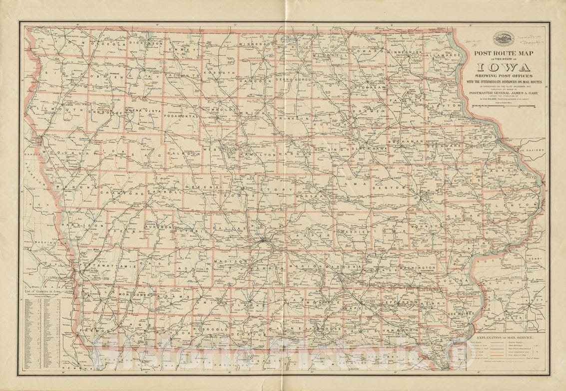 Historical Map, 1897 Post Route map of The State of Iowa Showing Post Offices with The Intermediate Distances on Mail Routes in Operation on The 1st of December, 1897, Vintage Wall Art