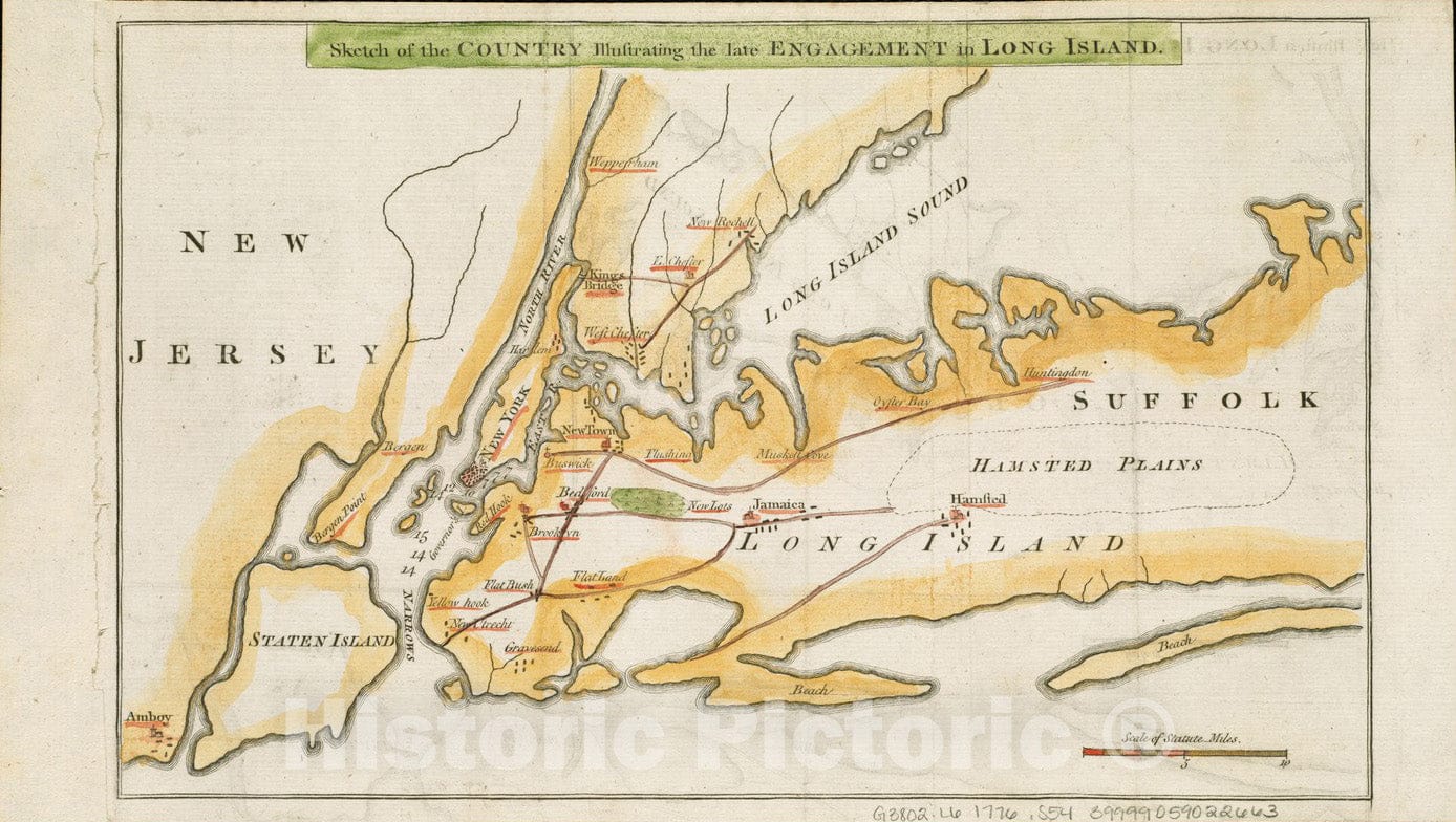 Historical Map, 1776 Sketch of The Country Illustrating The Late Engagement in Long Island, Vintage Wall Art