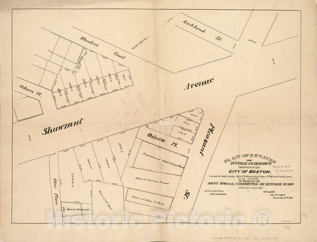 Historical Map, Plan of Estates on Suffolk St. District : Belonging to The City of Boston : to be Sold at Public Auction, Dec. 23rd 1871, Vintage Wall Art