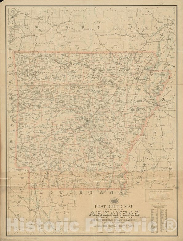 Historical Map, 1903 Post Route map of The State of Arkansas Showing Post Offices with The Intermediate Distances on Mail Routes in Operation on The 1st of December, 1903, Vintage Wall Art