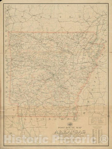 Historical Map, 1903 Post Route map of The State of Arkansas Showing Post Offices with The Intermediate Distances on Mail Routes in Operation on The 1st of December, 1903, Vintage Wall Art