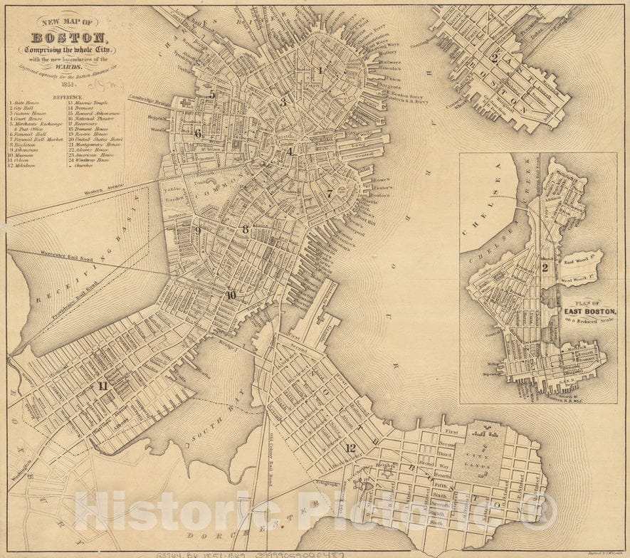 Historical Map, 1851 New map of Boston, comprising The Whole City, with The New Boundaries of The wards, Vintage Wall Art