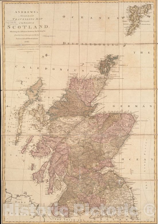 Historical Map, 1783 Andrews's New and Accurate Travelling map of The Roads of Scotland : shewing The Distances Between The Towns et Cetera, Vintage Wall Art