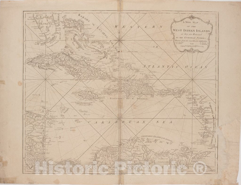 Historical Map, 1794 A New map of The West Indian Islands; : as They are Possessed by The European Powers; Drawn from The Most Recent Authorities, Vintage Wall Art