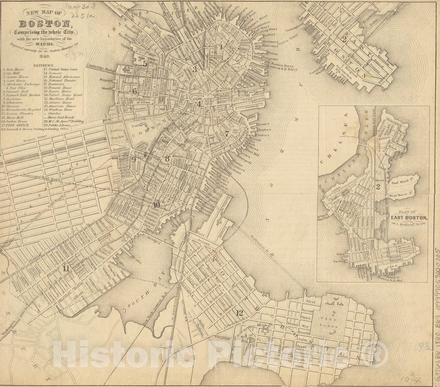 Historical Map, 1860 New map of Boston, comprising The Whole City, with The New Boundaries of The wards, Vintage Wall Art