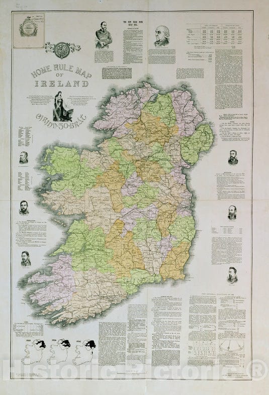 Historical Map, 1894 Home Rule map of Ireland, Vintage Wall Art