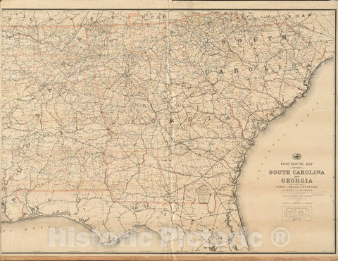 Historical Map, 1891 Post Route map of The States of South Carolina and Georgia with Adjacent Parts of North Carolina, Tennessee, Alabama and Florida, Vintage Wall Art