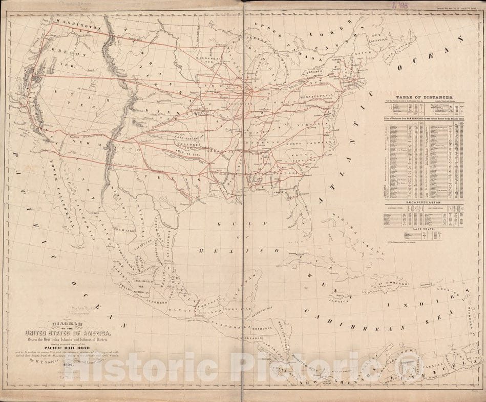 Historical Map, 1854 Diagram of The United States of America, Mexico, The West India Islands and Isthmus of Darien : Showing Proposed Routes of The Pacific Rail Road, Vintage Wall Art